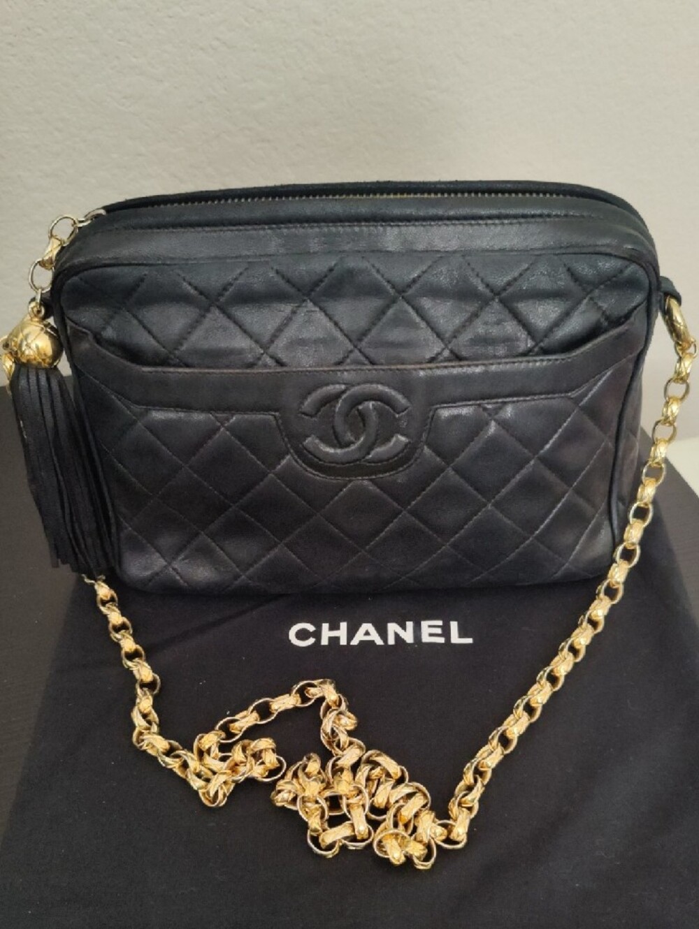 Authentic CHANEL Black Quilted Leather Shoulder Bag with Gold Chain and Tassel - Picture 12 of 12